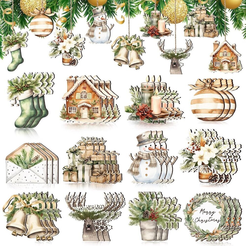 36 Pcs Neutral Winter Ornaments Wooden Christmas Ornament for Xmas Tree Farmhous